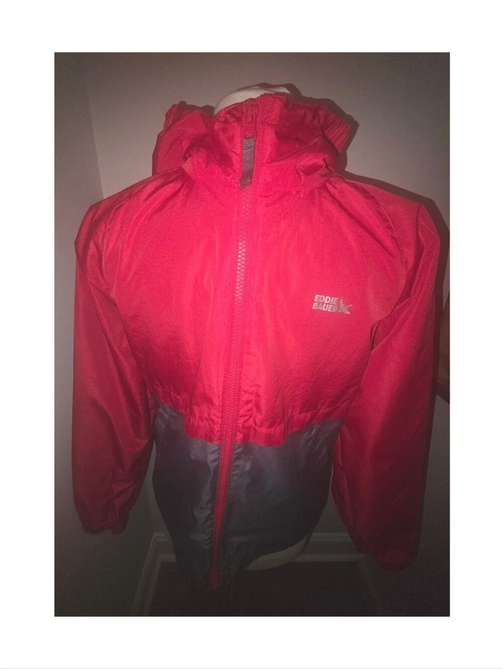 Eddie Bauer Kids Hooded Jacket Red Gray Dual Zip Water‑Resistant L 14/16
